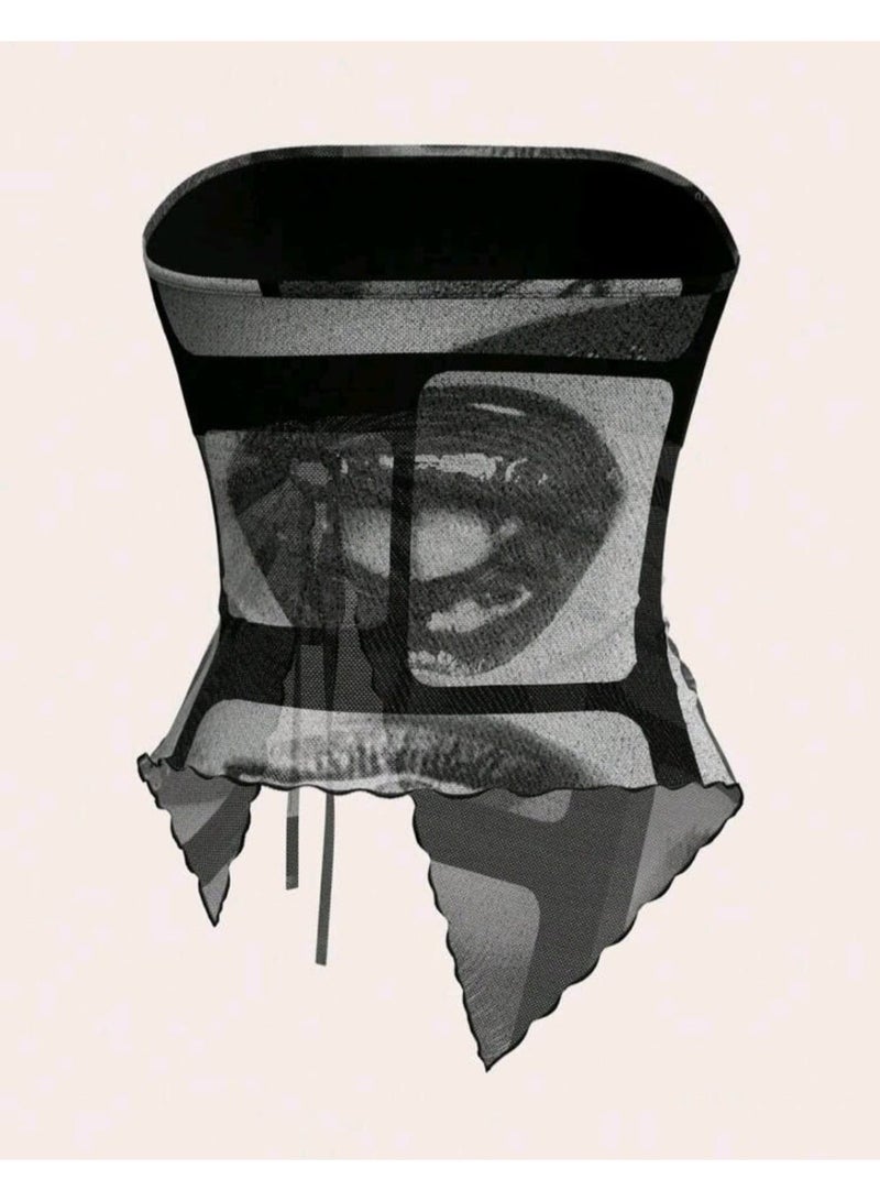 SHEIN ICON Strapless Mesh Eye Print Decorated Floral Trim Casual Vacation Top - Image 3